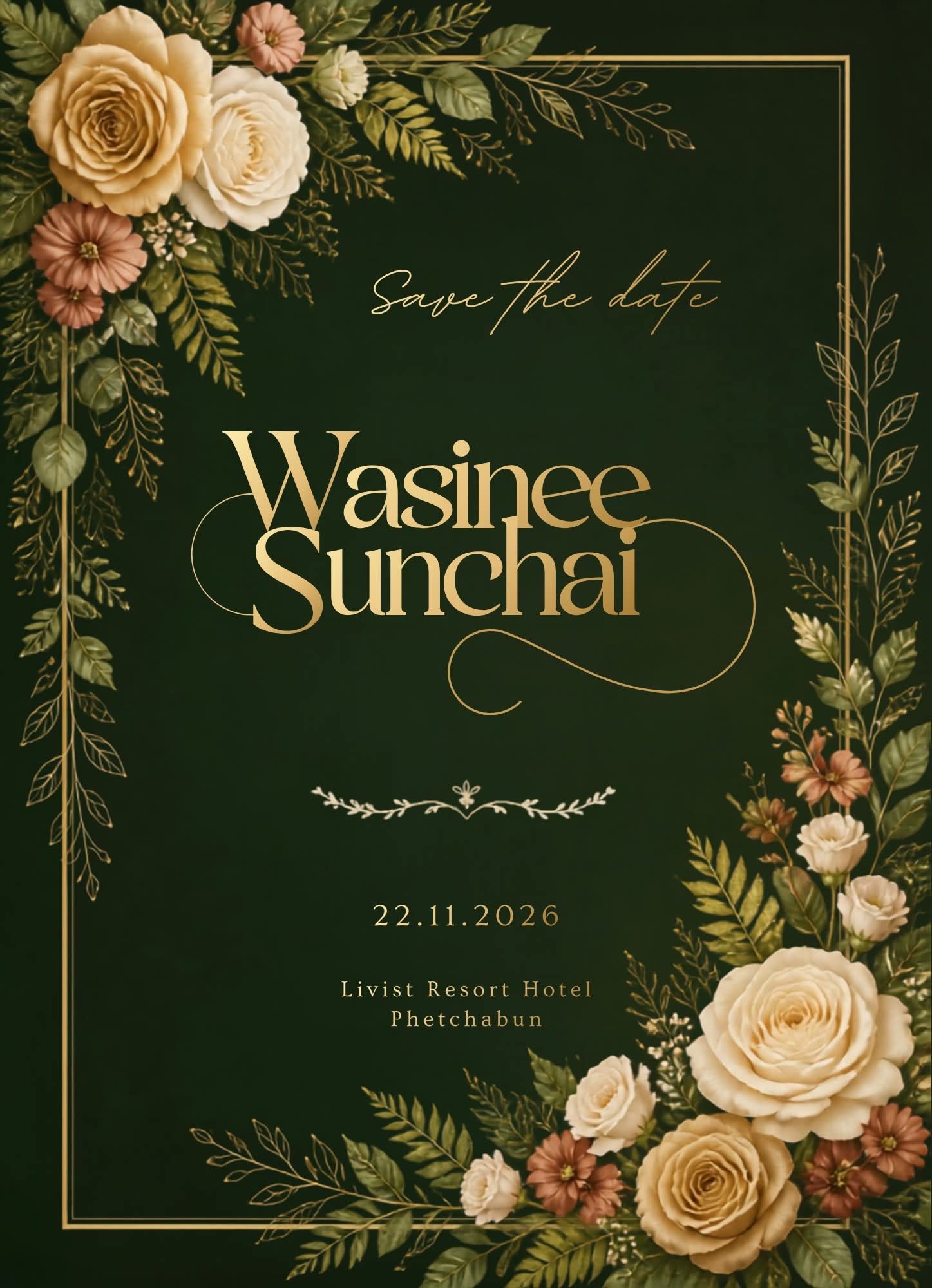 การ์ดเชิญต้นฉบับ Wasinee และ Sunchai ธีมดอกไม้สีทองและป่าสีเขียว